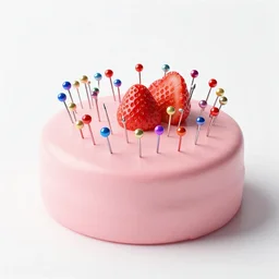 hundreds of colorful pins stuck in a piece of pink strawberry cake