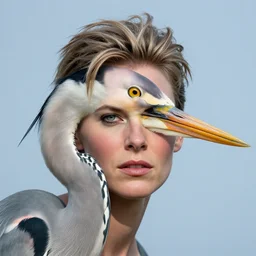 nature photography of cherlize theron face fused with a heron fish ( ( charlize theron fish hybrid with charlize theron face ) ), charlize theron sentient fish face, by greg rutkowski