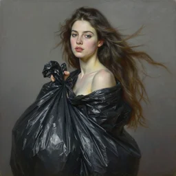 fine art portrait oil painting of a beautiful woman with long hair wearing a garbage bag for clothes, perspective, ultra detailed, elegant, intricate, dynamic lighting, hyperrealism, sharp focus, art by peter mohrbacher and greg manchess and andrei riabovitchev