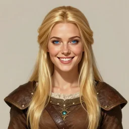 portrait, 30 years old women :: fantasy :: blue eyes, long straight blonde hair, beeing happy, smiling :: attractive, symmetric face :: brown medieval cloting, natural materials :: high detail, digital art, RPG, concept art, illustration