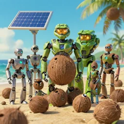studio ghibli, broken robots with coconuts as parts, on beach, coconuts, solar, green technology, optimist future by asher durand. intricate artwork by tooth wu and wlop and beeple and dan mumford and greg rutkowski and nekroxiii. halo. octane render, cinematic, hyper realism, octane render, 8 k, depth of field, bokeh. iridescent accents. vibrant