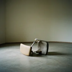 an empty room with a single chair laying on its side