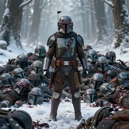 jango fett mandalorian bounty hunter is surrounded by dead corpses with blood in a snow forest, concept art highly detailed, a mandalorian is looking at ahuge pile of grey helmets, great cinematic lighting, octane render, 8 k, depth of field, 3 d, art by greg rutkowski, trending on artstation, cinematographic shot
