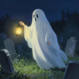 a ultradetailed beautiful painting of a lost ghost, roaming a graveyard with lantern, by conrad roset, greg rutkowski and makoto shinkai trending on artstation