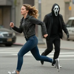 sidney prescott running from ghostface, realistic, high quality rendering