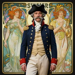 cinematic full body portrait of 1 8 th century naval captain, grey mustache, navy blue coat and chapeau by artgerm, cushart krenz, greg rutkowski, mucha. art nouveau. gloomhaven, grey facial hair, vibrant colors, sharp edges. ultra clear detailed. 8 k. elegant, intricate, octane render