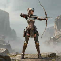 full body photo of a clockpunk female archer
