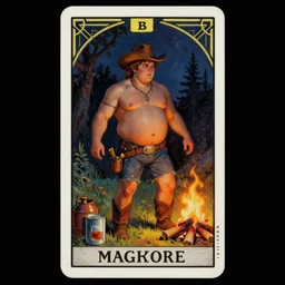 an ethereal dramatic tarot card painting of a shirtless handsome chubby mischievous cowboy | background is a dark night with a serene campfire | tin cans and jugs of whisky | tarot card, art deco, art nouveau | by Mark Maggiori | trending on artstation