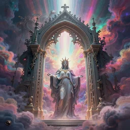 [ palate ] [ nebulous energy ] [ muted neon colors ] intricate giant gothic style portal to purgatory, paisley cloud pattern, god at the gate, award winning composition, vibrant neon nebulous clouds, symmetrical details, hyper realistic illustration, radiant light rays, photorealistic illustration, intricate and fine details, volumetric lighting, artstation