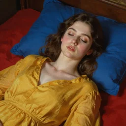 beautiful oil matte portrait painting, young woman with closed eyes lying on a red bedsheet with blue pillows wearing a mustard yellow dress, detailed face, wonderful masterpiece, highly detailed, beautiful cinematic light, deep focus, elegant, digital painting, smooth, sharp focus, golden ratio, dramatic illumination, ultra realistic, 8 k, art by jimmy law and caravaggio