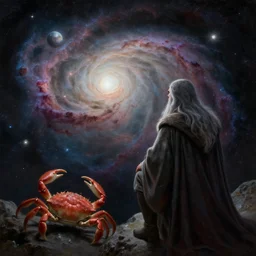 a beautiful painting of gandalf watching the crab nebula in the sky of an alien world, ray traced lighting by jean kalin popov and greg rutkowski