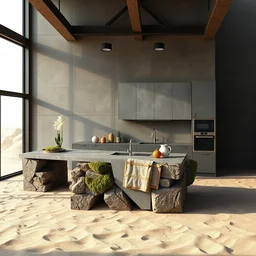 a island kitchen room made of rectangle tetris, made of steel and moss, octane render, trending on artstation, on hard desert sand floor