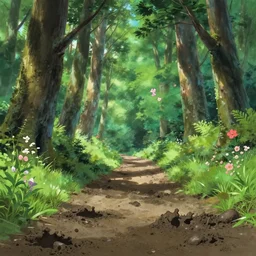 deep muddy forest on a sunny day walkway panorama, blooming, animation background painting gouache by disney kyoto animation makoto shinkai