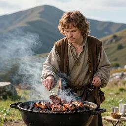 frodo from lord of rings grilling meat in a barbecue outside, sunlight, natural lighting, nature, mountain, barbecue, professional photography, 5 0 mm