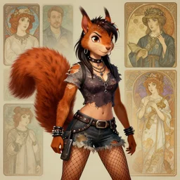 stunningly beautiful female anthropomorphic squirrel character in a punk rock outfit, torn shirt, dirty skirt, fishnets. Renowned character illustration by greg rutkowski, thomas kindkade, alphonse mucha, loish, norman rockwell. Trending on artstation.