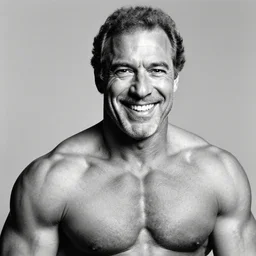 photograph of richard stallman as a professional bodybuilder, happy facial expression, black and white photograph, 3 5 mm
