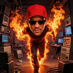 character art by ruan jia, will smith wearing wayfarer glasses and red baseball hat at a music concert approaching chris rock, on fire, fire powers, room filled with wiring, electronics, computer equipment, monitors