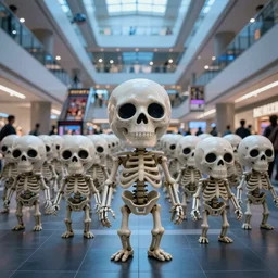 hyperrealistic supercute skeleton army mall in background ute osterwald jason limon professional concept art dramatic blue lighting wide angle hd 8k sharp shallow depth of field