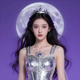 portrait of young mighty prophetess of the moon, silver filigree armor and tiara, moon above head, purple wavy hair, translucent skin, large striking eyes, beautiful! coherent! by brom, by junji ito, strong line, high contrast, muted color