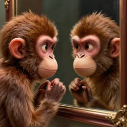 lofi monkey in front of a mirror reflecting anger facial expression of a human face, symmetrical hands, Pixar style by Tristan Eaton Stanley Artgerm and Tom Bagshaw, high detail