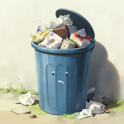 full view, from a distance, of anthropomorphic trashcan full of trash, style of yoshii chie and hikari shimoda and martine johanna, highly detailed