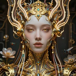 very beautiful woman integrating with technology, full face frontal centered, portrait, insipiring, detailed intricate symmetrical ornate neon cables connected to head, very detailed eyes, luxurious detailed abundent wiring and implants, golen porcelain, renaissance, sci - fi, detailed technology background with cyber flowers and insects, dramatic lighting, photography, highly detailed, artstation, 8 k,