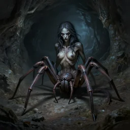 creepy matte painting of a female spider centaur with eight legs sitting in a dark cave, ultra detailed, monster, half human half spider, human torso, spider abdomen, creature design, dnd, d & d, concept art, 8 k, moody lighting, muted colors, blue tone light, dramatic lighting