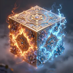 symmetry!! close - up a huge magic cube of wind, fire, electricity and ice elements in the mist, floral! plating materia, holy, intricate, elegant, highly detailed, magic surge, intricate, unreal engine 5, concept art ， by greg rutkowski, loish, highly rendered, digital painting, artstation hq