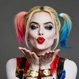 a portrait of margot robbie as harley quinn doing a kissing face, highly detailed
