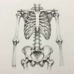 censored skeleton with an oval - shaped ribcage and jackhammer - shaped pelvis whose ribs loop around to the vertebrae and are wrongly enumerated and distributed drawn very vaguely in pencil with hatching