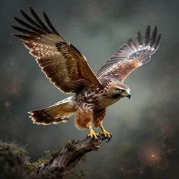 fantasy art hyper realistic ai created interesting bizarre subconscious of a flying hawk hunting with fractal vignette edge fantastic art award winning best ultra detailed magnificent
