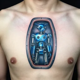 chest tattoo of a inspection flap in the skin with a shiny blue meatallic robot mechanic inside under the skin, insanely integrate,