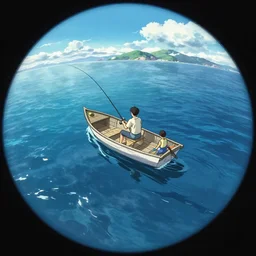 anime three - point perspective illustration of a man fishing on a row boat in the middle of the ocean, by kim jung gi, paul heaston, makoto shinkai, simon stalenhag, greg rutkowski, hayao miyazaki, by studio ghibli. digital art, panaromic view, wide angle shot, trending on art station, cinematic, fish eye
