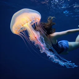 masterpiece portrait of a woman swimming with jellyfish, dynamic lighting, colored, translucent, national geographic
