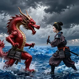 great red bloody dragon goes against samurai and a beautiful geisha under intense dark clouds fighting tooth and blood over the great vast blue ocean. ultrarealistic 1 5 0 mpx