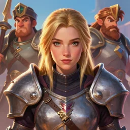 front facing symmetrical centered painted portrait, headshot of Imogen Poots as a D&D Paladin, RPG character avatar, Arcane League of Legends concept art, global illumination lighting, Pixar, Clash of Clans, trending on artstation, by lois van baarle, ilya kuvshinov, rossdraws