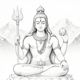 an extremely detailed line art of lord shiva, holding his trident, moon in his crown, himalayas in background.