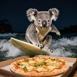 koala surfing on pizza at night