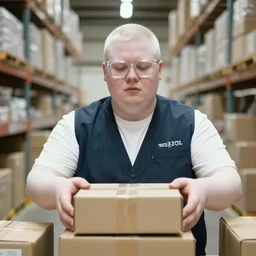 photo of a pale white slightly overweight androgynous amazon employee sorting packages, wearing a vest, wearing clear square glasses, symmetric face, amazon warehouse