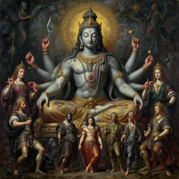 a beautiful cinematic masterpiece gothic symmetrical centered portrait of mystical colossal hindu god of art aesthetics and creativity, by eric carle, by caravaggio, by rembrandt, by artemisia gentileschi, by tim hildebrandt, by wayne barlowe, by bruce pennington, by greg rutkowski, oil on canvas, trending on artstation, featured on pixiv, brilliant lighting, sharp, hyper - detailed, cinematic composition, no frames, hd, 8 k