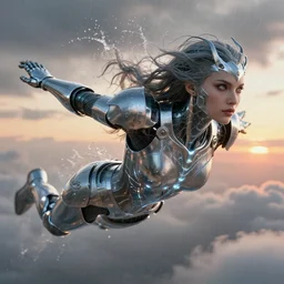 a biblical diabolical beautiful female valkyree android, shiny plastic armor, fly, dynamic pose, splashing, heavy eyes to the side, closeup, bright glowing veins, in clouds, rain, sunset, portrait, by gerald brom, by mikhail vrubel, by peter elson, muted colors, extreme detail, reflections, trending on artstation, 8 k