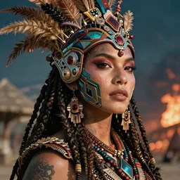 hyper realistic photography portrait of postapocalyptic cyberpunk cyborg tribal warrior amazon cinematic, brom, mucha, moebius juan gimenez coachella burningman cgsociety