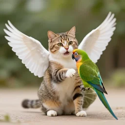 spherical cat with wings attacks a parrot