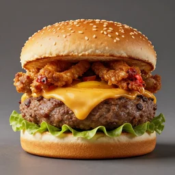 a realistic chicken inside a hamburger, food photography, studio lighting, highly detailed