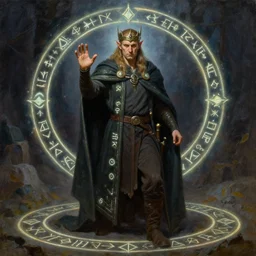 A halfling wild magic sorcerer. He is wearing a cloak with glowing runes on it and a crown. He is frowning seriously. He is preparing to cast a spell to banish the old gods. He is standing in spell circle. Award winning realistic oil painting by Thomas Cole and Wayne Barlowe