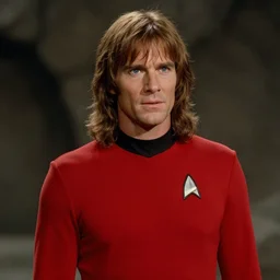 A still of Aragorn as Scotty on Star Trek: The Original Series, red shirt, sharp focus, high quality, 4k