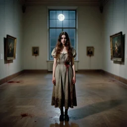 a beautiful but horrifying young woman wearing an austere dress is standing in a vast and empty gallery. blood is on the walls, and the moon is shining through the windows. photographed in the 1 9 7 0 s, baroque painting