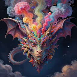 dragon floating in space with head bursting into colorful liquid smoke and clouds, an extremely colorful psychedelic experience, dmt, psilocybin, lsd, face, detailed, intricate, elegant, highly detailed, digital painting, artstation, concept art, smooth, sharp focus, illustration, art by hana yata, and artem demura and beeple, octane render, unreal engine, 8 k