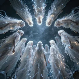 love, groups of translucent people with long glowing hair, from below, rebirth, wide angle, cinematic atmosphere, elaborate, highly detailed, dramatic lighting