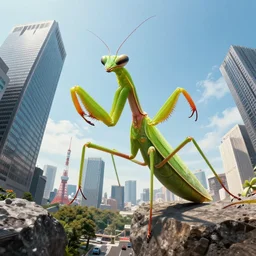 giant Praying mantis attacking Tokyo, Greg Rutkowski, Frank Miller, trending on Artstation, 8K, ultra wide angle, establishing shot, pincushion lens effect, zenith view